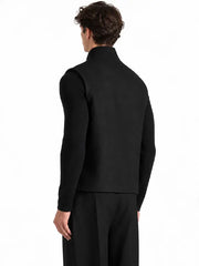 Men's Black Herringbone Wool-Blend Zip Gilet