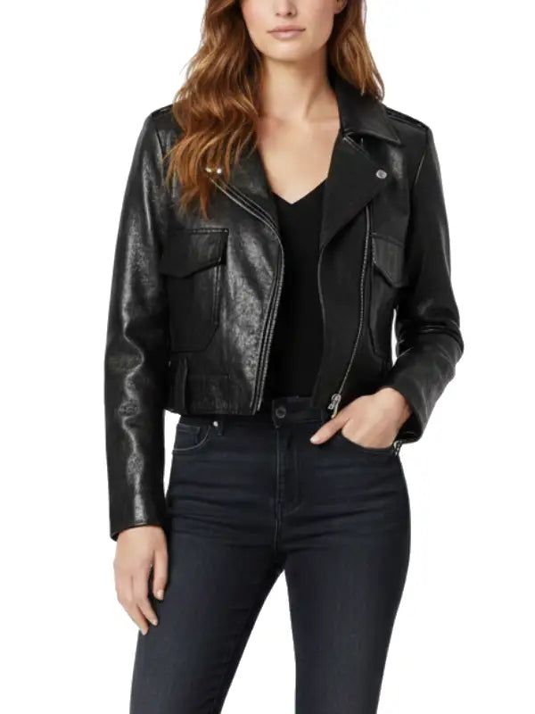 Women’s Black Cropped Leather Jacket with Front Pockets