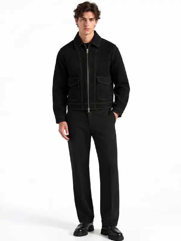 Men's black suede-style jacket with contrast stitching, pointed collar, zip closure and two front flap pockets.