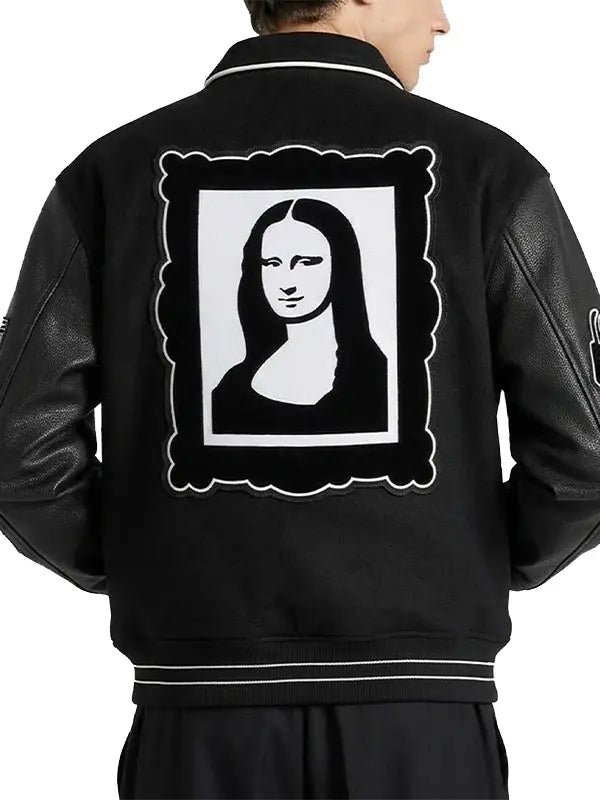 Back view of black men's Mona Lisa varsity jacket with large artistic back graphic