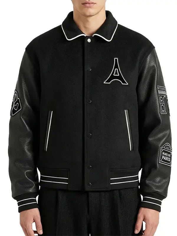 Men's black Mona Lisa wool blend varsity jacket with leather sleeves and statement back artwork