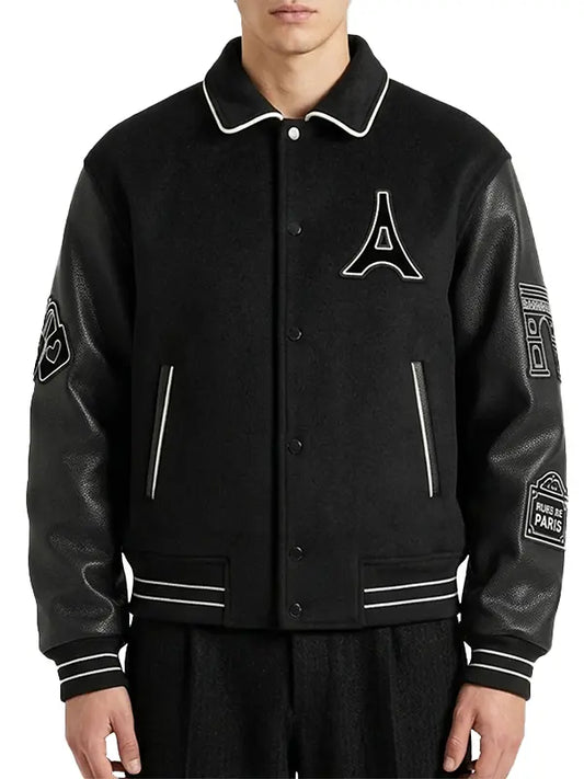 Men's black Mona Lisa wool blend varsity jacket with leather sleeves and statement back artwork