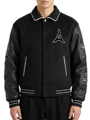 Men's black Mona Lisa wool blend varsity jacket with leather sleeves and statement back artwork