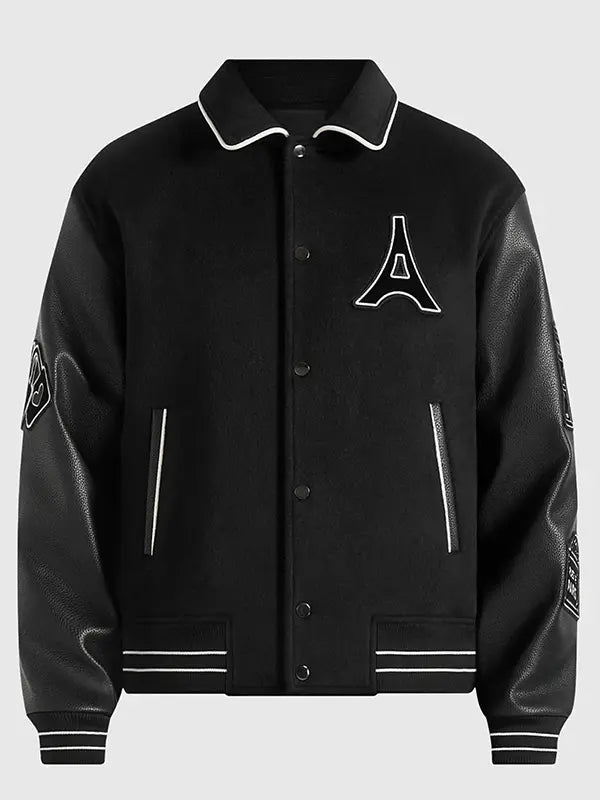 Men's black Mona Lisa wool blend varsity jacket with leather sleeves and statement back artwork