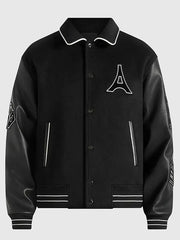 Men's black Mona Lisa wool blend varsity jacket with leather sleeves and statement back artwork