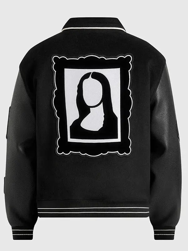 Back view of black men's Mona Lisa varsity jacket with large artistic back graphic