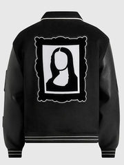 Back view of black men's Mona Lisa varsity jacket with large artistic back graphic