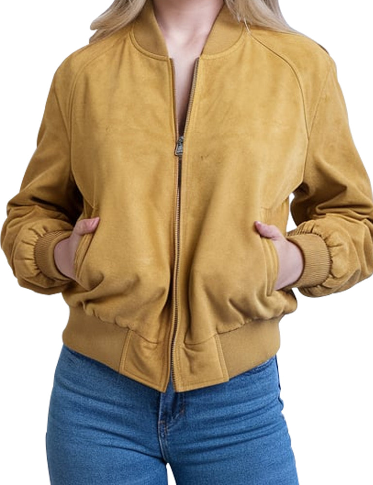 Mustard Yellow Suede Bomber Jacket for Women