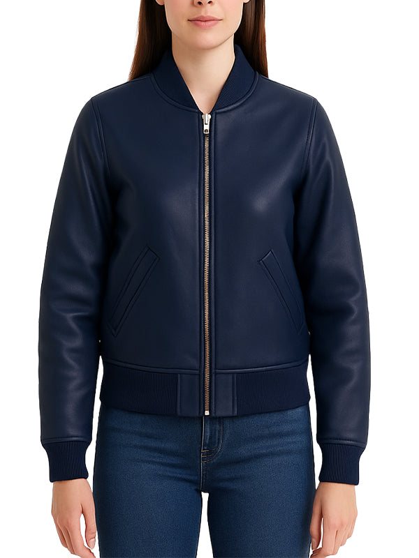 Navy Blue Women Leather Bomber Jacket 