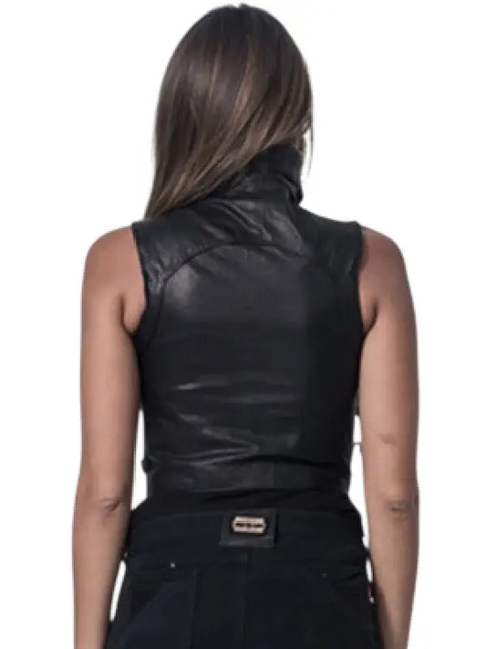 Women’s Black Sleeveless Leather Vest with High Neck & Asymmetrical Zip