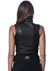 Women’s Black Sleeveless Leather Vest with High Neck & Asymmetrical Zip