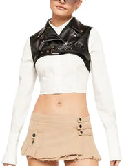 Women’s Cropped Black Leather Vest, High Neck Zip Front Sleeveless Moto Style Top