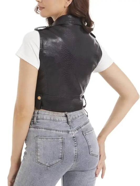Women’s Cropped Black Leather Biker Vest with Zipper Details