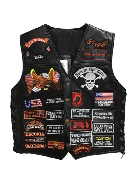 Men’s Black Leather Biker Vest with Embroidered Patches | Motorcycle Club Style Vest