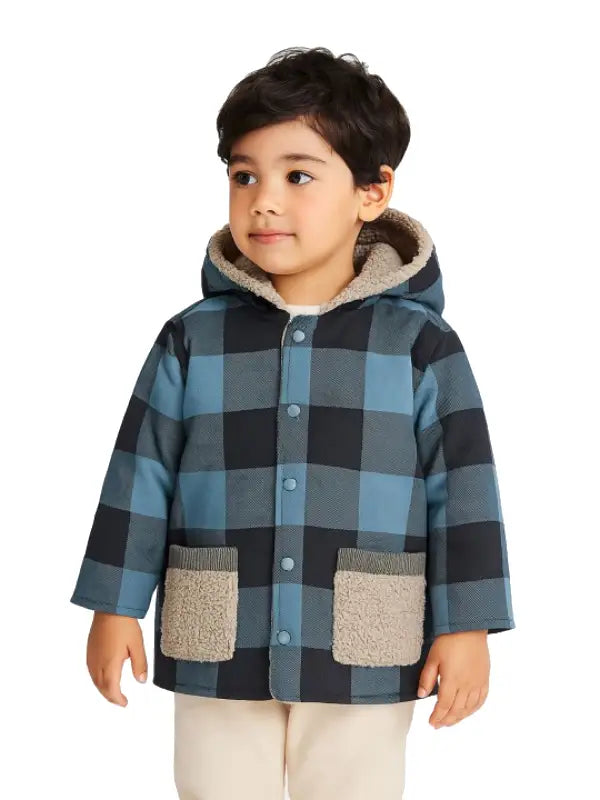 Kids Hooded Plaid Winter Jacket with Soft Fleece Lining