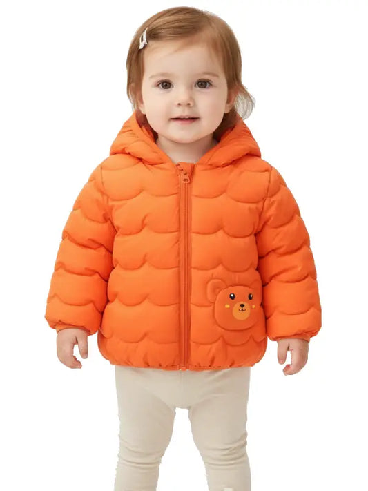 Baby Girls Orange Hooded Puffer Jacket with Cute Bear Patch