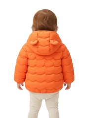 Baby Girls Orange Hooded Puffer Jacket with Cute Bear Patch