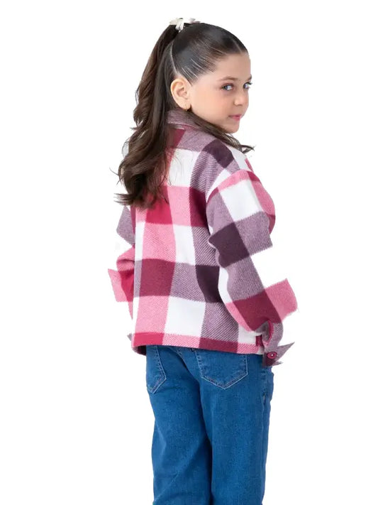 Girls Pink Checkered Button-Up Jacket – Soft Plaid Casual Outerwear