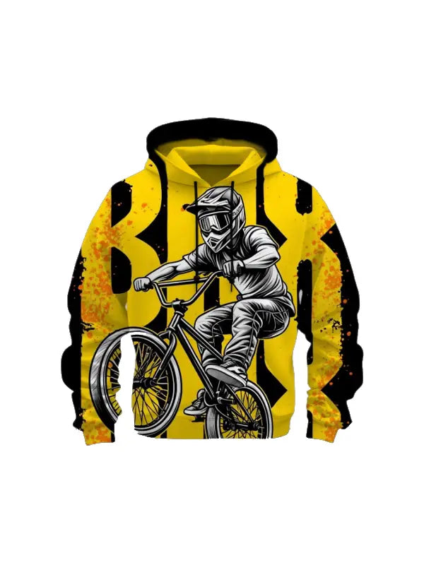 Yellow BMX Rider Graphic Hoodie – Extreme Sports Streetwear Pullover