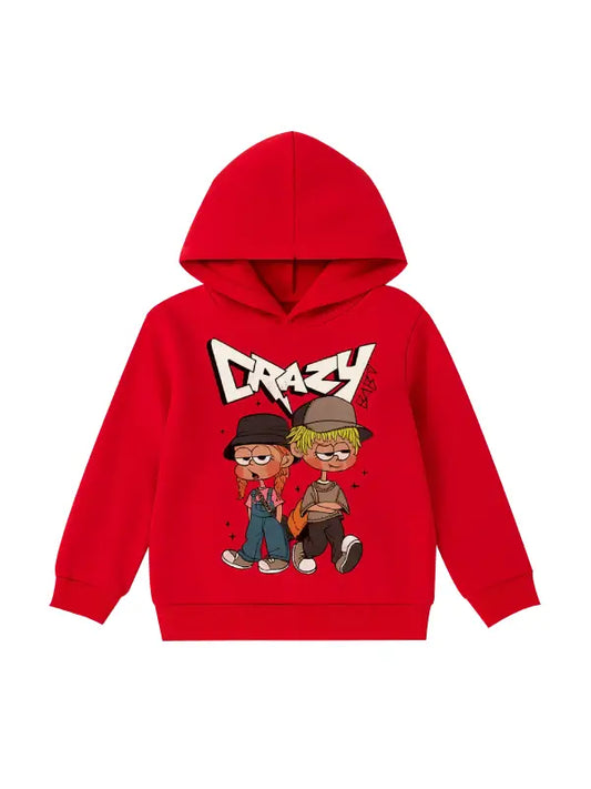 Kids Crazy Graphic Hoodie – Red Cartoon Print Pullover Hoodie