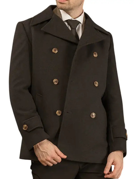 Men’s Black Double Breasted Wool Blend Coat – Classic Formal Winter Overcoat