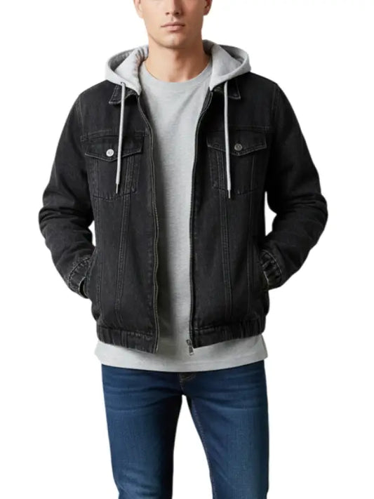 Men’s Black Denim Jacket with Detachable Gray Hoodie, Casual Streetwear Style