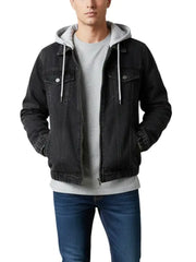Men’s Black Denim Jacket with Detachable Gray Hoodie, Casual Streetwear Style