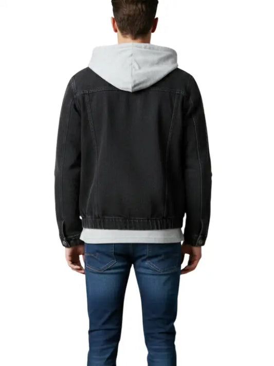 Men’s Black Denim Jacket with Detachable Gray Hoodie, Casual Streetwear Style