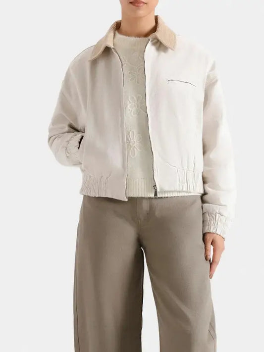 Women’s Lightweight Cropped Jacket with Corduroy Collar, Ivory