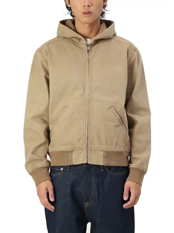 Men’s Khaki Hooded Zip Jacket | Casual Cotton Blend Hoodie Jacket