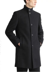 Men’s Black Tailored Wool Coat with Stand Collar