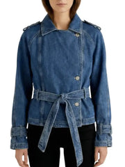 Women’s Blue Denim Belted Jacket with Button Closure