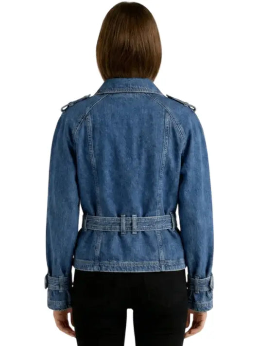Women’s Blue Denim Belted Jacket with Button Closure