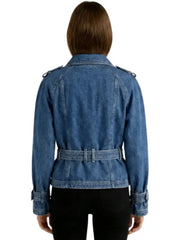 Women’s Blue Denim Belted Jacket with Button Closure