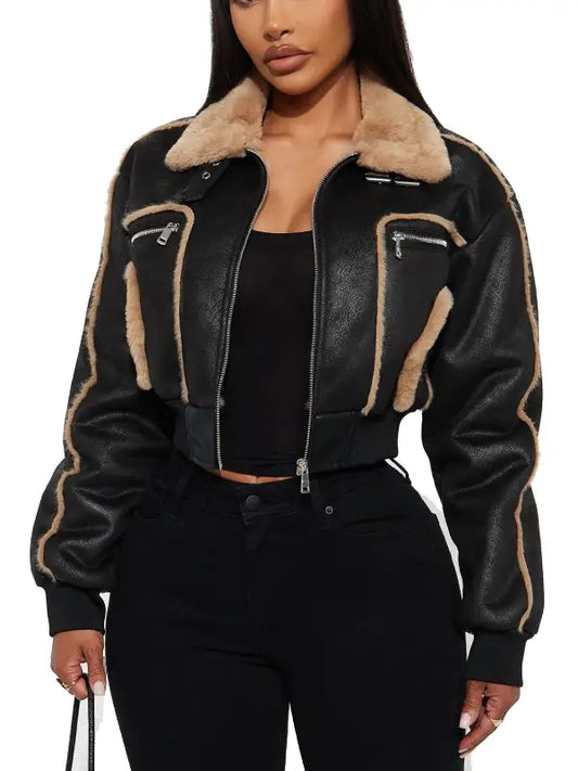 Women’s Black Faux Shearling Cropped Jacket with Fur Collar
