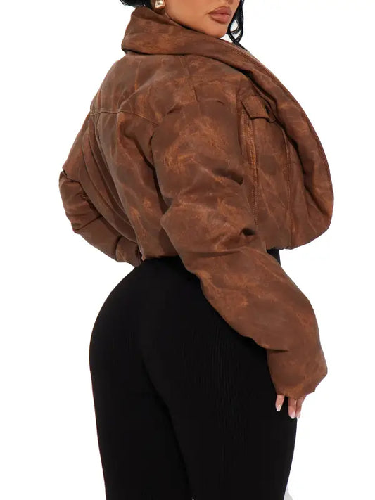 Women’s Brown Cropped  Leather Jacket with Wide Collar