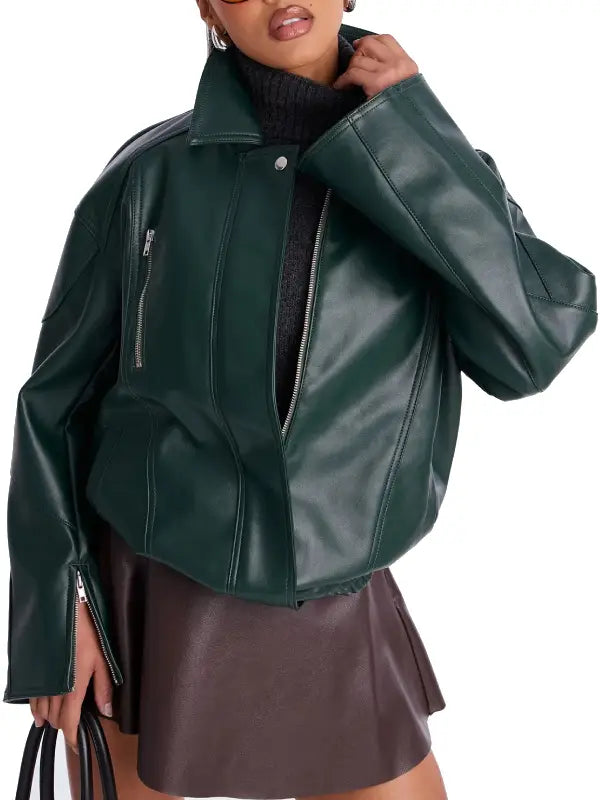 Women’s Green Leather Jacket with Zipper Pockets and Relaxed Fit