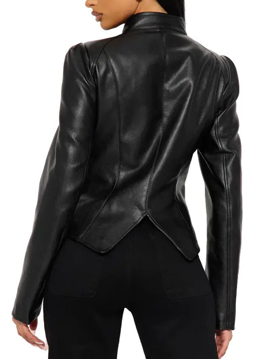Women’s Black Fitted  Leather Jacket with Stand Collar