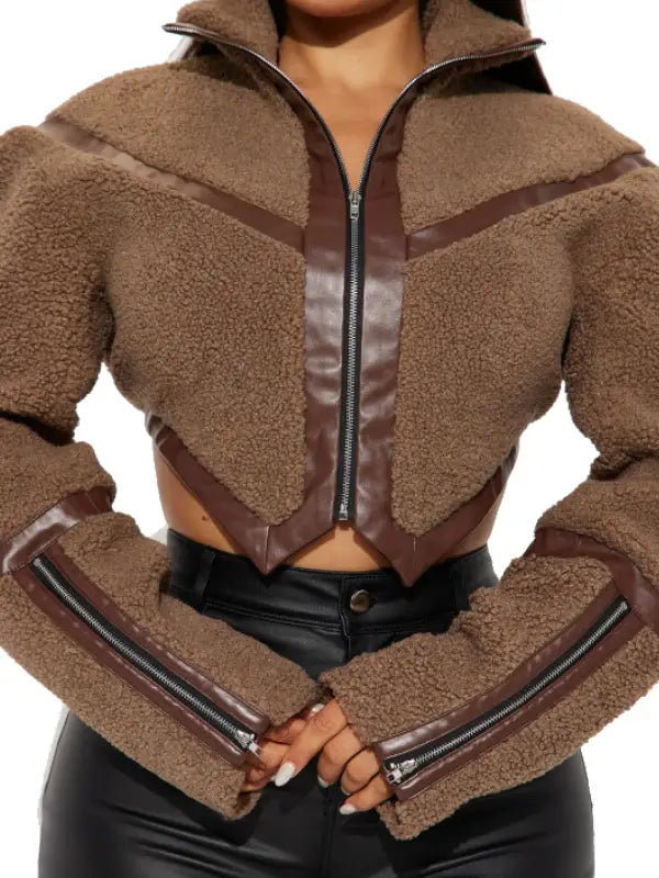 Women’s Cropped Teddy Jacket with  Leather Panels Brown