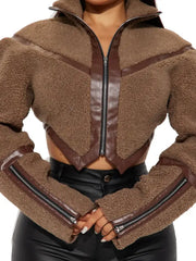 Women’s Cropped Teddy Jacket with  Leather Panels Brown