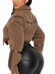 Women’s Cropped Teddy Jacket with  Leather Panels Brown