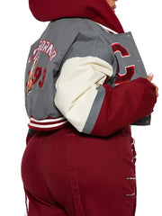 Women’s Cropped Varsity Jacket with Hood, Embroidered Patches & Teddy Bear Design