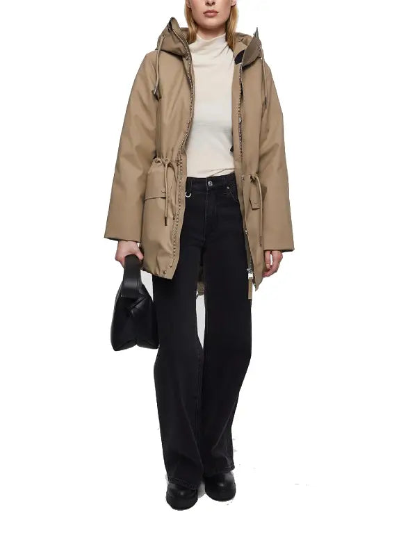 Women’s Beige Hooded Parka Jacket with Adjustable Waist