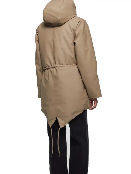 Women’s Beige Hooded Parka Jacket with Adjustable Waist