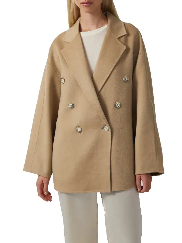 Women’s Camel Double-Breasted Wool Blend Coat with Relaxed Fit