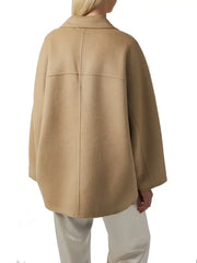 Women’s Camel Double-Breasted Wool Blend Coat with Relaxed Fit