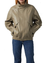 Women’s Beige Leather Bomber Jacket with High Neck Design