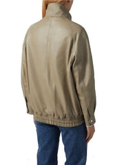 Women’s Beige Leather Bomber Jacket with High Neck Design