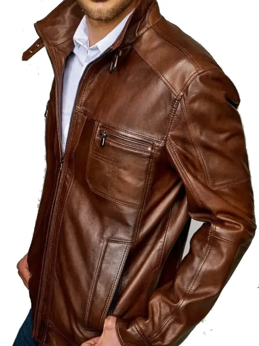 Men’s Brown Leather Jacket with Stand Collar | Classic Zip-Up Biker Style