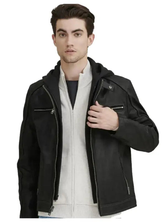 Men’s Black Hooded Leather Jacket | Modern Zip-Up Biker Style